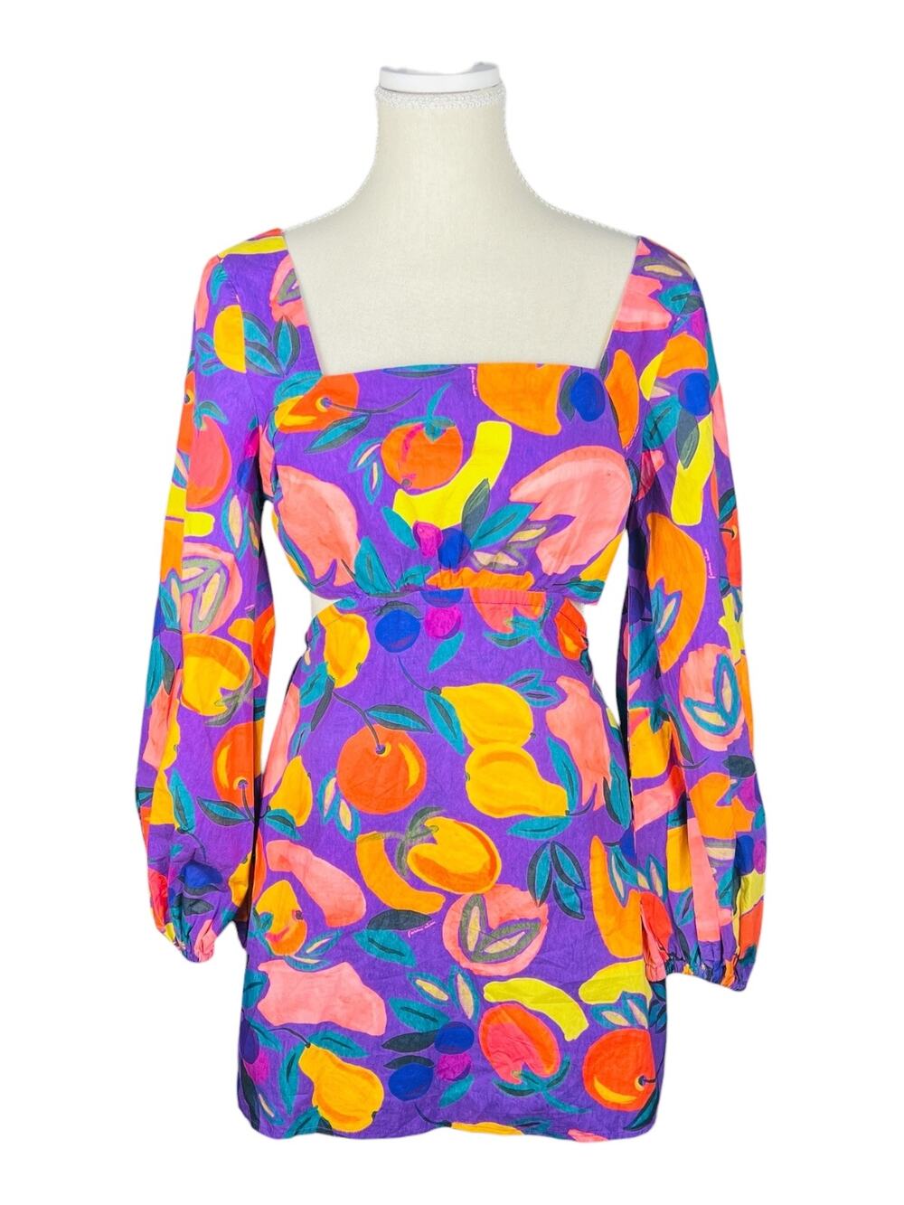 Farm Rio Poplin Mini Dress Violet Purple Mixed Fruit Cutout Long Sleeve S